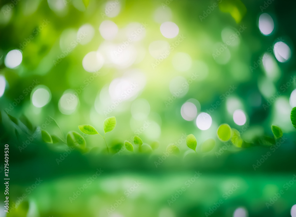 Poster green leaves and soft bokeh create a serene nature scene. sunlight filters through foliage, casting 