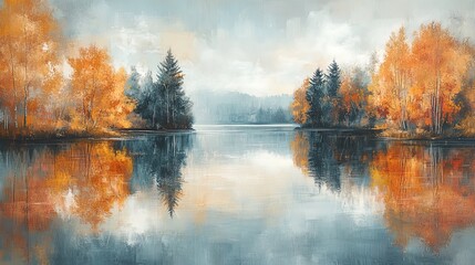 Fototapeta premium Lake reflecting autumn trees, soft morning light, calm and reflective 