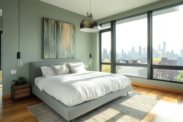 Modern bedroom with city views, minimalist style