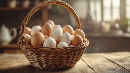 National Egg Month, A wicker basket full of fresh light brown and white eggs, placed on a wooden table with natural texture, Ai generated images