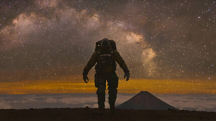 Astronaut on mountaintop at night under milky way