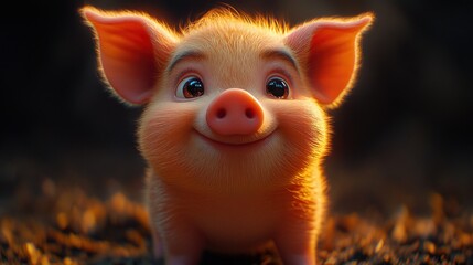 Naklejka premium Happy piglet sunset forest animation
