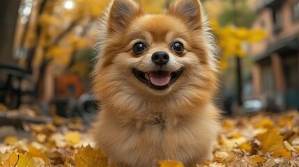 Obraz premium Happy Pomeranian autumn park portrait