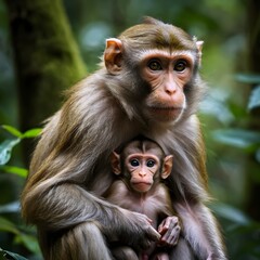 Fototapeta premium Mother Monkey Protecting Her Baby in the Forest