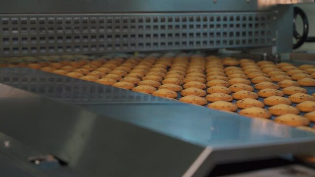 Industrial production of cookies and bars, showcasing automated machinery, conveyor belts, dough preparation, and packaging processes. A behind-the-scenes look at a modern food factory in action.