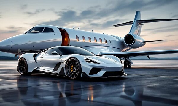 Silver Luxury Sports Car and Private Jet at Dusk