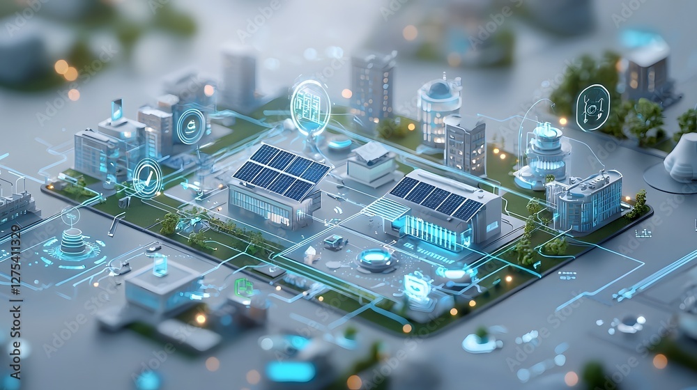 Aufkleber futuristic city skyline with interconnected rooftop solar power grid smart homes and businesses util