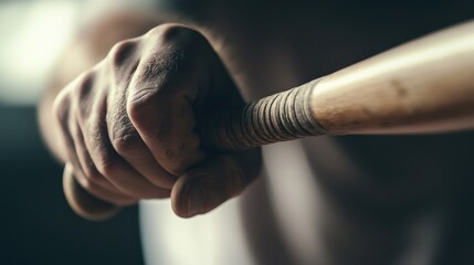 Baseball playoffs with a close-up of a batter&rsquo;s grip on the bat. Featuring focus and technique