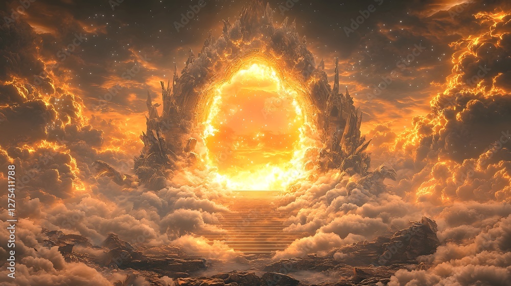 Poster mystical archway leading to a stairway surrounded by glowing ethereal clouds in a dreamlike celestia