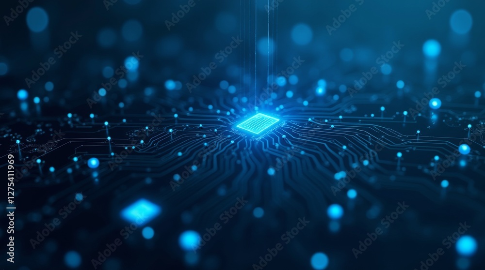 Fototapete glowing microchip on futuristic circuit board. abstract technology, artificial intelligence, computi