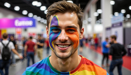 Smiling man with colorful face paint at cosplay convention, joyful expression