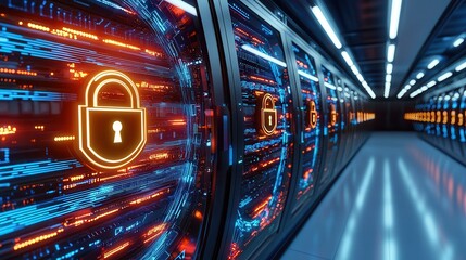 Secured data center protected against hackers. High-tech server room with illuminated padlock icons for security.