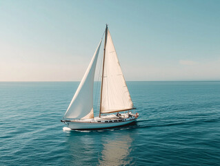 Fototapeta premium Sailboat sailing on calm blue sea under clear sky