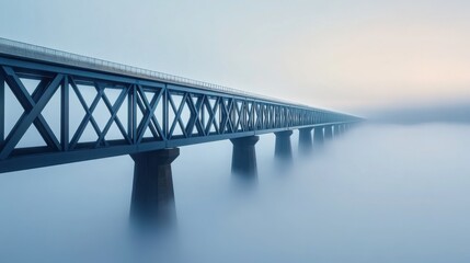 A massive industrial steel bridge disappearing into a dense fog at sunset, with subtle neon lights adding a futuristic glow.