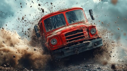 Obraz premium Red Truck Racing Through Muddy Terrain