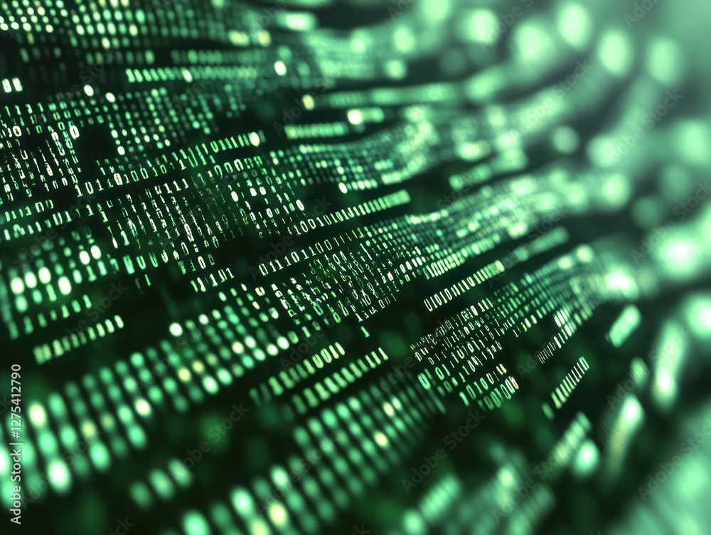 Poster abstract green binary code flowing in digital waves