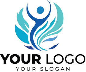 Abstract logo design featuring a stylized human figure and flowing teal leaves, perfect for wellness brands.