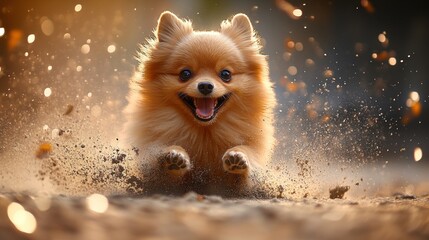 Obraz premium Happy Pomeranian Running, Autumn Park, Joyful