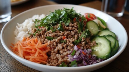 A plate of spicy Larb Moo, with minced pork, fresh herbs, and crispy rice, served with a side of fresh vegetables.