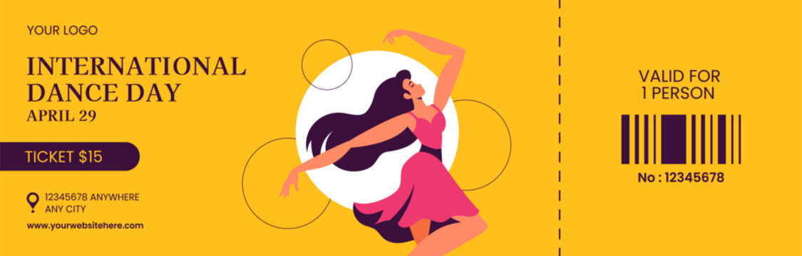 International Dance Day Ticket Card Design Fun and Creative Cartoon Style - Powered by Adobe