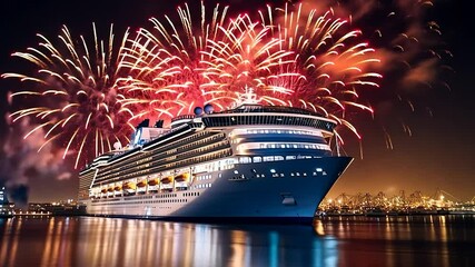 Majestic cruise ship at night with vibrant fireworks display over calm water. (1)