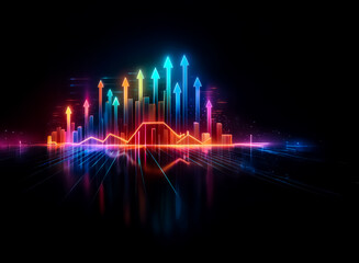 Fototapeta premium Vibrant bar graph with upward arrows in neon colors against a dark backdrop, reflecting growth and positive trends. Illuminated and futuristic visualization.