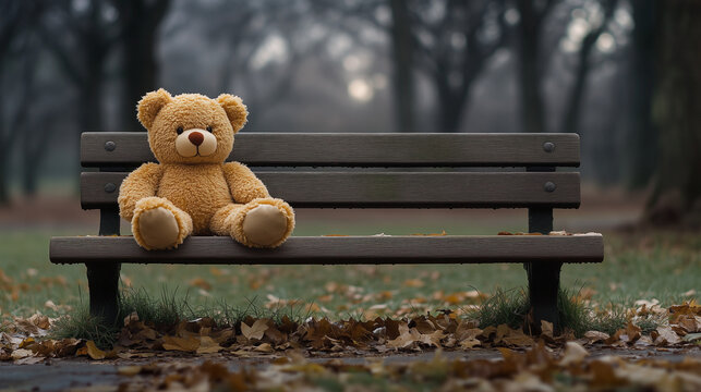 National Missing Children’s Day, A worn-out teddy bear lying on a lonely wooden park bench, Ai generated images