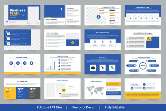 Presentation template design, Business plan presentation slides featuring charts, timelines, and project details in blue and yellow colors