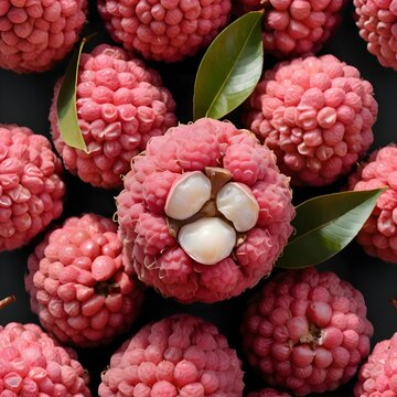 Close-up of Pink Nephelium ramboutan-ake fruit with open segments