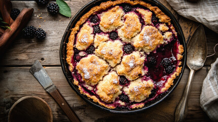 Rustic homemade blackberry cobbler with golden biscuit topping and fresh berries on wooden table