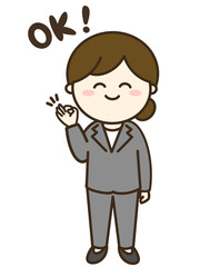 パンツスーツを着たを着た女性がOKポーズをしているシンプルなイラスト