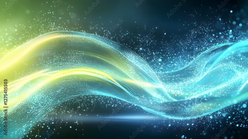 Poster Futuristic Digital Network with Flowing Neon Interconnected Data Particles in a High Tech Cybernetic Environment  Vibrant dynamic lines and luminous particles move and swirl creating a captivating