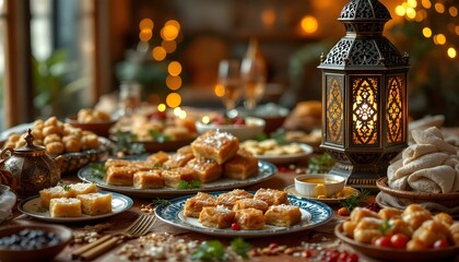 Obraz premium An inviting iftar table for Ramadan, featuring candles, lanterns, and an enticing assortment of Turkish baklava