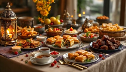 A Ramadan iftar arrangement with a table brimming with food, illuminated by candles and lanterns, highlighting Turkish baklava