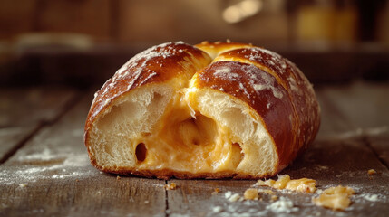 Warm and crusty cheese-filled bread with a golden exterior and gooey melted center