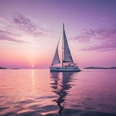 Sailboat at Sunset, Calm Ocean, Pink Sky