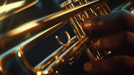 Fototapeta premium Close-up of a trumpet being played, with the player's hands gripping the valves and golden brass reflecting light.