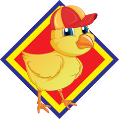 Pulcino con in testa un cappellino giallo e rosso