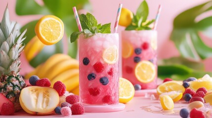 Refreshing summer drinks with fruits and mint on a pink background, evoking a vibrant atmosphere