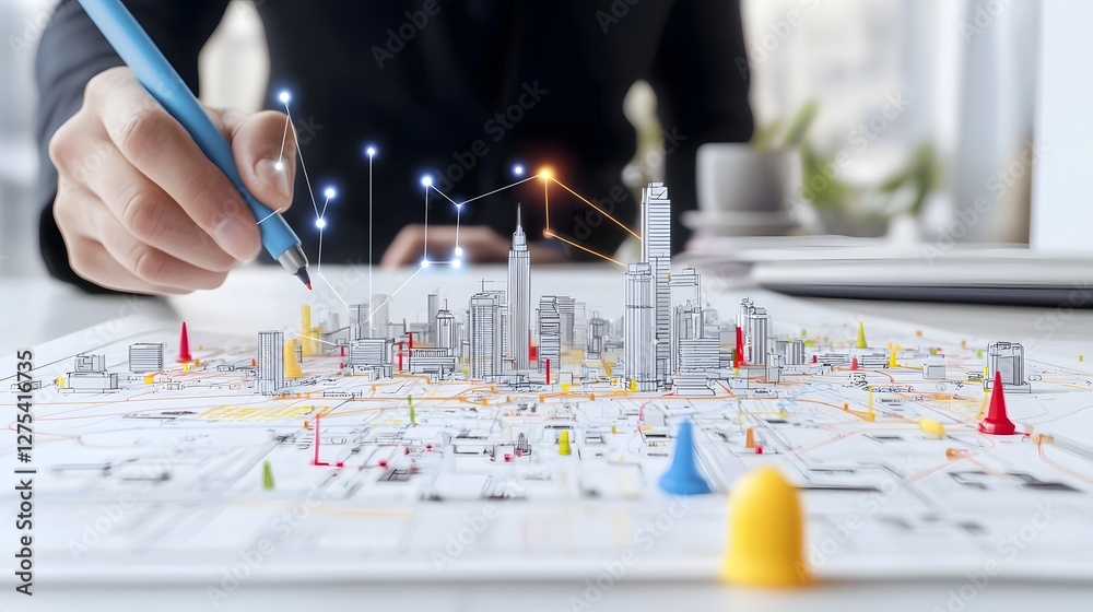 Leinwandbilder Futuristic high tech aerial map with color coded markers and a glowing pen creating sparks representing strategic business planning urban development and logistics tracking