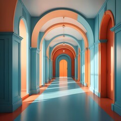 Abstract Architectural Corridor with Teal and Orange Walls