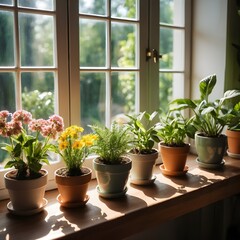 Fototapeta premium Sunlit Windowsill with Assorted Houseplants
