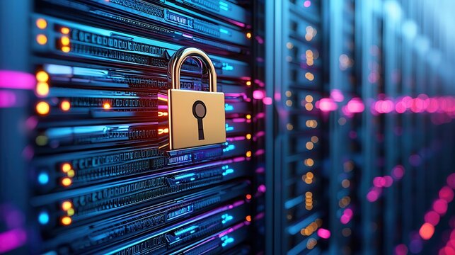 Secured data center protected against hackers. Secure server with a padlock symbolizing data protection.