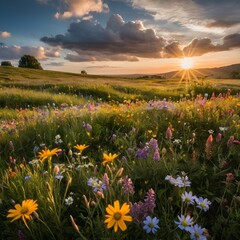 Obraz premium Sunset over Wildflower Meadow