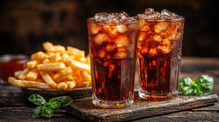 Refreshing cola drinks served with crispy fries