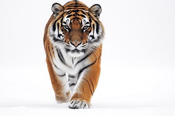 Obraz premium Tiger walking, isolated on a white background. High-resolution photorealistic image showcasing the majestic creature in stunning detail.