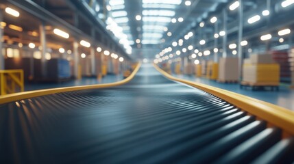 Fototapeta premium Conveyor Belt in Modern Warehouse with Industrial Setting and Lights