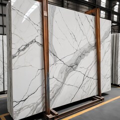 White Marble Slab on Metal Rack in Warehouse