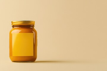 Glass jar filled with golden honey, minimalistic design on soft