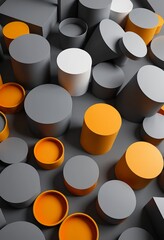 Abstract Geometric Shapes, 3D Render, Orange and Gray Cylinders